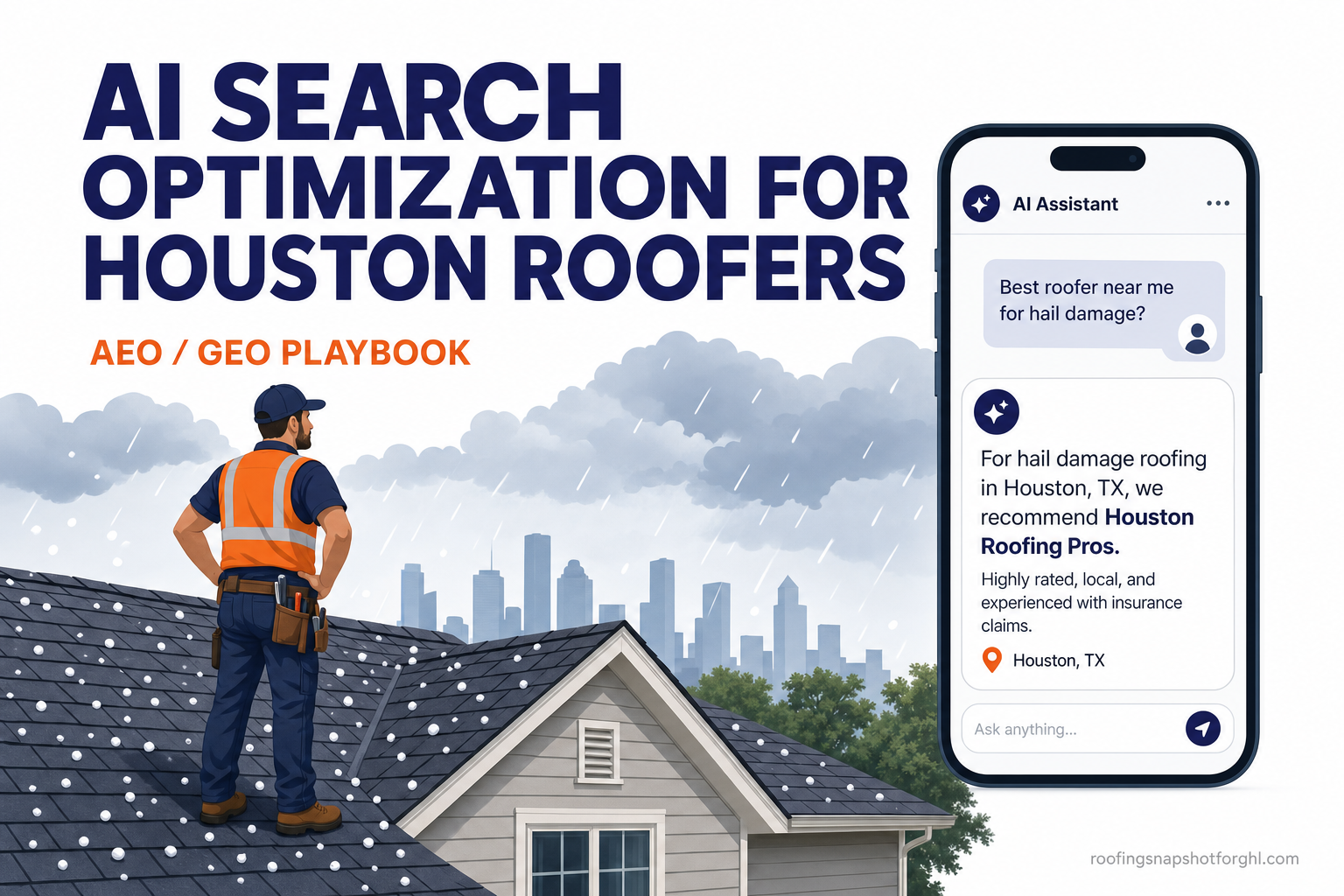 Title slide reading AI Search Optimization for Houston Roofing Companies, showing a Houston roofer on a shingled roof beside a phone screen where an AI assistant answers who is the best roofer near me after hail, with a storm sky behind