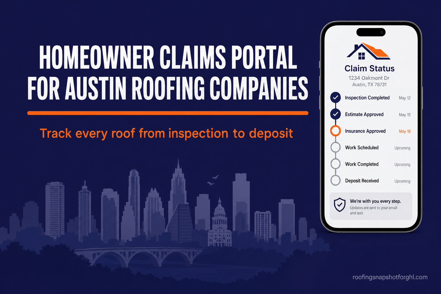 Hero title card reading Homeowner Claims Portal for Austin Roofing Companies — track every roof from inspection to deposit — with a smartphone showing a claim status progress bar over a faint Austin Texas skyline