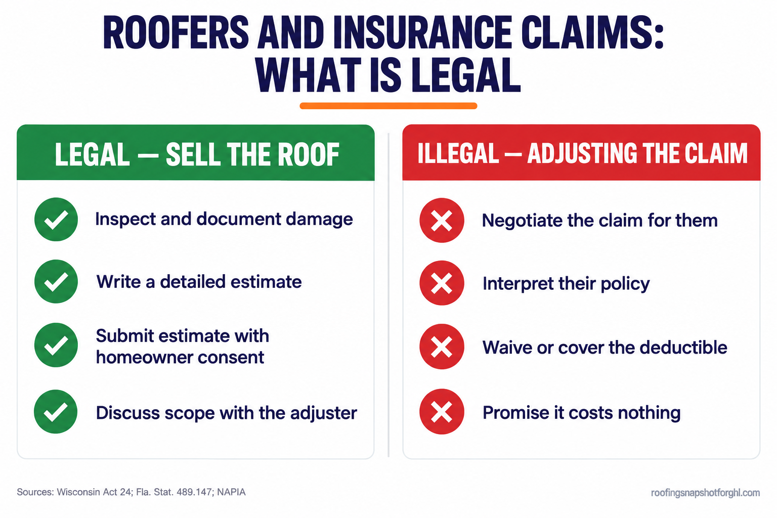 Do-versus-don't compliance infographic titled Roofers and Insurance Claims: What Is Legal. Legal column, sell the roof: inspect and document damage, write a detailed estimate, submit estimate with homeowner consent, discuss scope with the adjuster. Illegal column, adjusting the claim: negotiate the claim for them, interpret their policy, waive or cover the deductible, promise it costs nothing. Sources: Wisconsin Act 24, Fla. Stat. 489.147, NAPIA.