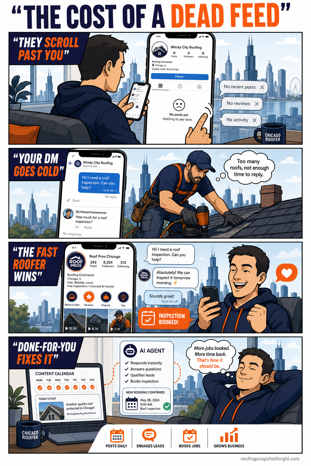 Four-panel comic reel titled The Cost of a Dead Feed for Chicago roofers: panel one a homeowner scrolls past a roofer's empty stale social profile, panel two an unanswered comment and DM go cold, panel three a competitor with a fresh video feed replies fast and books the inspection, panel four a done-for-you social media system posts daily and books jobs