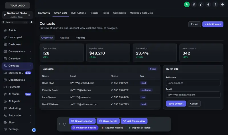 Contact actions bar with inspection, adjuster and deposit tags on a GoHighLevel contact