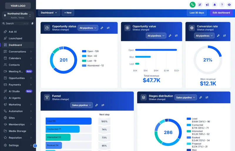 Ocean Pro dashboard design on a roofing company GoHighLevel home screen