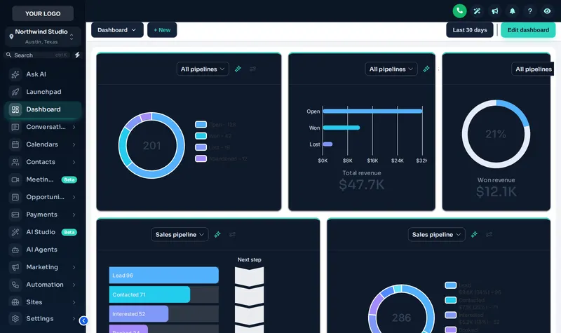 Midnight Mint GoHighLevel theme with the Accent Top UI kit on a sample roofing sub-account