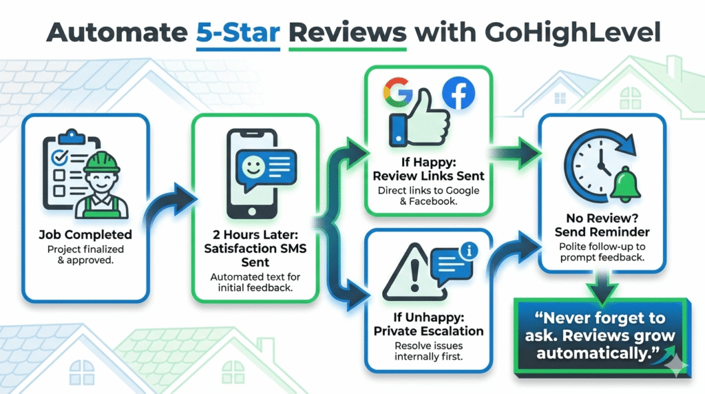 A step-by-step guide showing how roofers can use GoHighLevel to capture leads, automate follow-ups, and book more jobs.